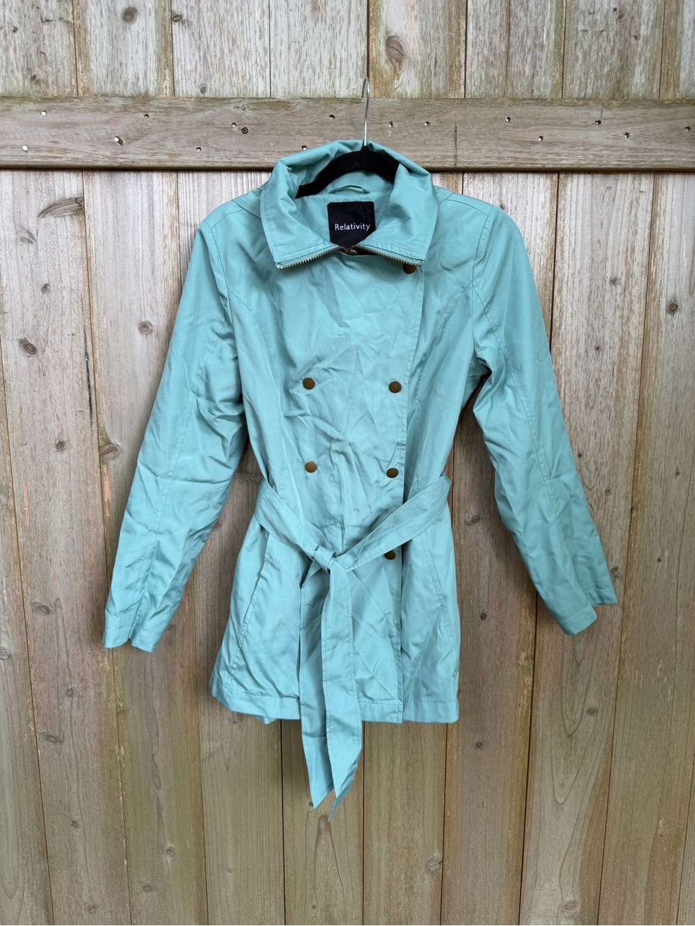 Relativity Women's Turquoise Blue Double-Breasted Trench Raincoat with Waist Tie